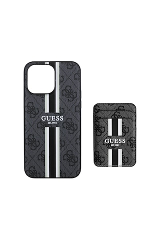 Apple Uyumlu iPhone 14 Pro Max Kılıf Guess Lisanslı Magsafe Özellikli 4g Desenli Çizgili Kartlıklı Kapak Siyah