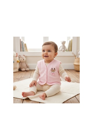 Bambık Nayinom Geyik Nakışlı Penye Bebek Yeleği 0-12 Ay Pembe Pembe