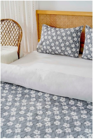 Gri Çift Kişilik Nevresim Takımı Pamuklu Çiçek Desenli Henna 200x215 Cm Gri