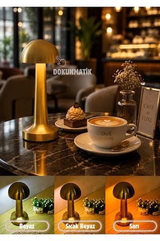 Metal Mantar Gold Masa Lambası Dokunmatik 3 Işıklı Şarjlı