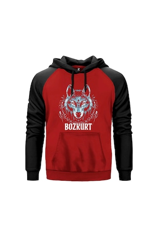 Buz Mavisi Bozkurt Başı Yazılı Baskılı Gri Renk Reglan Kol Sweatshirt Kapşonlu