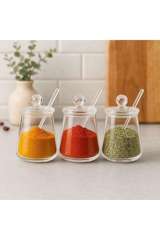 Qerhome 3'lü Borosilikat Cam Kapaklı Cam Kaşıklı Baharatlık Seti Beyaz
