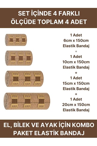 Elastik Bandaj Seti 4 Lü 1x6cm+1x10cm+1x15cm+1x20cm 16 Klipsli 4,5 Metreye Kadar Uzar, Spor Ve Günlük Kullanım