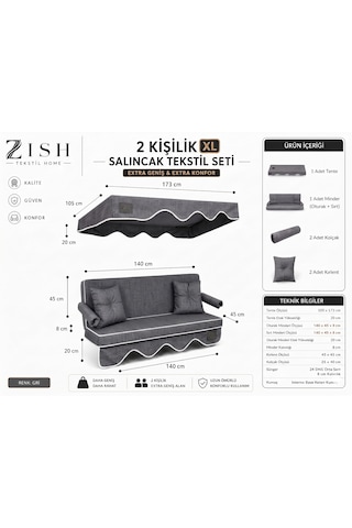 Altaleno 2 Kişilik 140 45 Cm Süngerli Bahçe Balkon Salıncak Minderi Yıkanabilir Kılıflı, Tenteli Keten Kumaş Tekstil Seti 24 Dns 8 Cm Orta Sert Sünger Gri