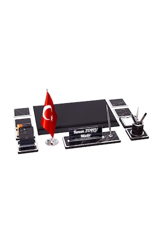 11 Parça Türk Bayraklı Mermer Desen Ahşap Sümen Takımı Masa İsimliği Deri Sümen Seti - Gümüş