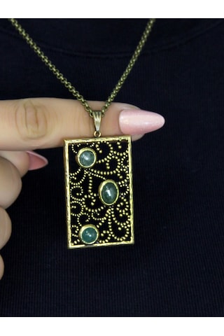 Doğal Taş Yeşil Akik 3'lü Doğal Taşlı Antik Kadın Kolye Euk45ya Yeşil