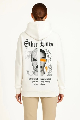 Defymoda Oversize Üç İplik Şardonlu Kapüşonlu Sweatshirt Beyaz Other Lives Ön Ve Arka Baskılı, Kanguru Ce