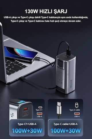 20.000mah Ultra Hızlı Şarj 130w Tft Ekranlı Laptop Ve Tablet Şarj Edebilen Powerbank Premium Serisi Gri - Siyah