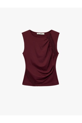 Koton Slim Fit Kayık Yuvarlak Yaka Dantel Detaylı Kolsuz Bluz Bordo 6wal30057ık Bordo