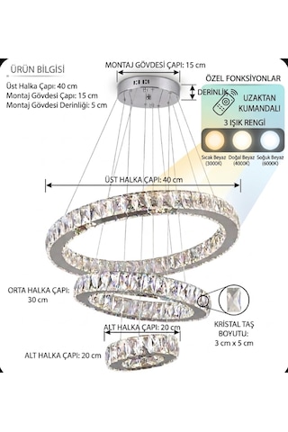 Ala Lighting Plaket Kristal Taş İşlemeli Krom Ayna Paslanmaz 3'lü Led Avize