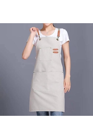 Valkyrie Unisex Kanvas Mutfak Önlüğü Ayarlanabilir Askılı Cepli Barista Garson Servis Önlüğü Kırık Beyaz