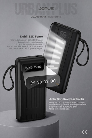 Jopus 20000mah Powerbank Dahili Kablolu, Lcd Ekranlı, Led Lambalı, Taşınabilir Şarj Cihazı Siyah
