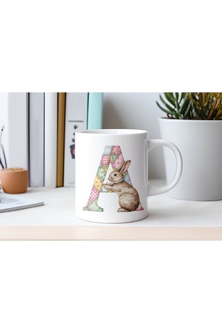 A Harfli Tavşan Kupa - Patchwork / Yamalı Desenli İsme Özel Kupa - Pastel Vintage Tarz Hediyelik 07 Beyaz