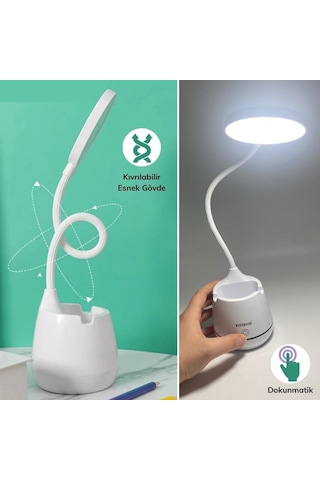 Roichil Kalemlikli Telefon Tutacaklı Şarjlı Dokunmatik 3 Mod Esnek Başlıklı Dimmerli Led Masa Lambası Beyaz