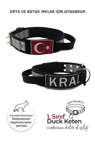 İsimli Bayraklı Elcikli Yumuşak Köpek Boyun Tasması Gri Gri - Siyah