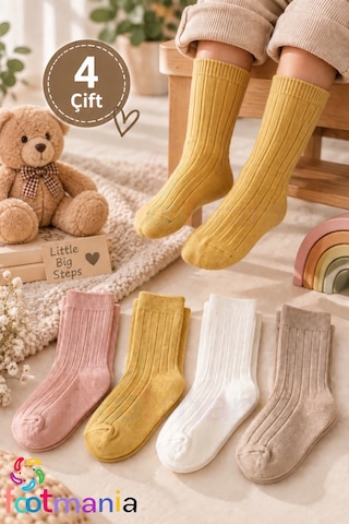 Footmania 4 Çift Soket Çocuk Dizaltı Fitilli Renkli Çorap Seti Extra Yumuşak Çok Renkli
