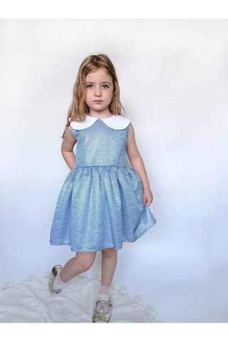 Linola Baby Kids Shiny Simli Bebe Yakalı Çocuk Elbisesi Mavi