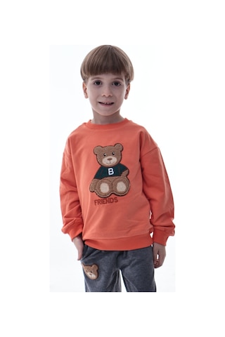 Erkek Çocuk Hayvan Figürlü Turuncu Sweatshirt Ve Gri Eşofman Takımı Yumuşak Kumaş, Rahat Kalıp Takım Turuncu