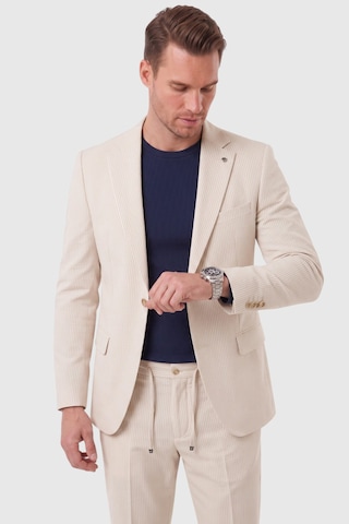 Rizzup Erkek Slim Fit Dar Kesim Çizgili Gofre Kumaş Bej Takım Elbise Tek Düğme İpli Pantolon 2602311
