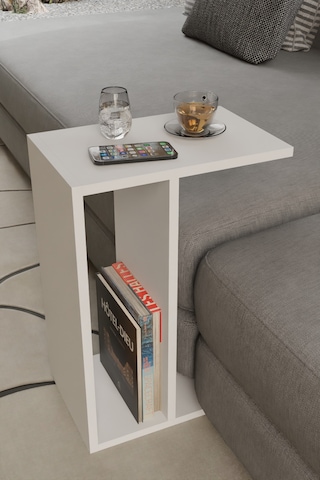 Alpa Ev Mobilya C Tasarım Koltuk Yanı Sehpa, Kitaplıklı Modern Laptop & Kahve Sehpası, Orta Sehpa Beyaz