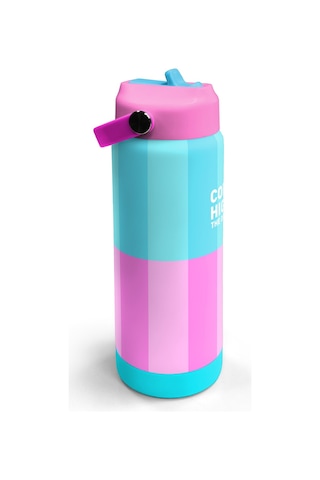 Coral High Turkuaz Pembe Çizgili Desenli Katlanır Ağızlıklı Çelik Termos 650 Ml 38381 Turkuaz