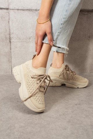 Shoetek Lorda Kadın Sneakers Bağcıklı Triko Dokumalı Spor Ayakkabı Bej Bej