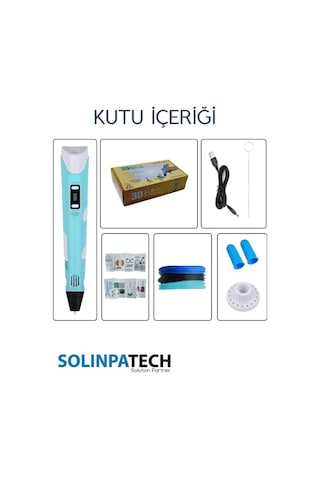 Mavi 3D Kalem 3D Pen 3 Boyutlu Yazıcı Kalem 3 Renk 9 Metre Filament + USB KABLO