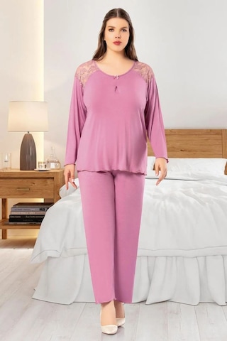Faal 8804 Kadın Büyük Beden Uzun Kollu Dantel Detaylı Pijama Takım-gülkurusu GÜL KURUSU