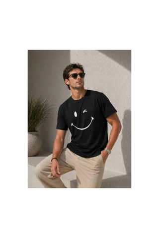Butik İstanbul Erkek Minimal Gülümseyen Yüz Baskılı Tişört Kısa Kol Yazlık T-shirt - Siyah