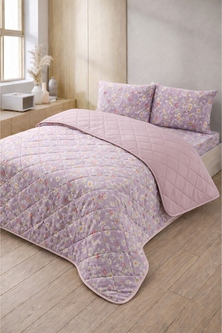 Kapitoneli Tek Kişilik Desenli Pike - Yatak Örtüsü Takımı 160x230 Cm - 1 Adet Yastık Kılıflı Lila