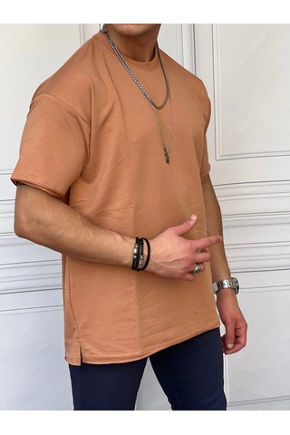 Modefendi Pamuk Likra Yırtmaç Detaylı 2 İplik Oversize Tshirt Hardal