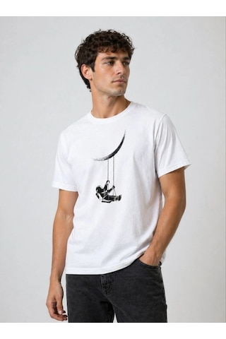 Novalisse Erkek Astronot Ay Temalı Tişört Kısa Kol Yazlık Bisiklet Yaka T-shirt - Beyaz Çoklu Renk