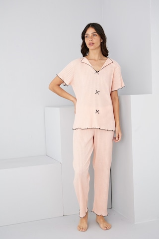 Siyah İnci Mevsimlik İnce Fiyonklu Pijama Takım7879 Somon