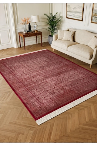 Imperial Luxe Il007j Kırmızı Çerçeveli Halı Klasik Desen 100 Tarak Bambu Viskon İpek Serisi-714 Kırmızı