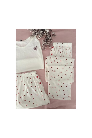 Mh Moony Homewears Çizik Kalp 3'lü Yumuşacık Yazlık Pijama Takımı Krem Bordo