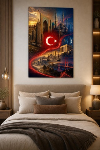 Türkiye Temalı Baskılı Cam Tablo Türk Bayrağı Ve Tarihi Mimari Duvar Dekoru