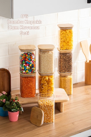 Porsima 6-4 Bambu Vakumlu Kapaklı Kare Borsilikat Cam 8li Kavanoz Seti Saklama Kabı 1250ml 9,5x15cm