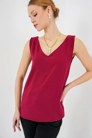 Defymoda V Yaka Sıfır Kol Bluz 950 - Bordo Bordo
