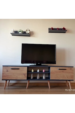 Ms 90 Mdf Tv Ünitesi Dolabı Raflı Antrasit Ceviz