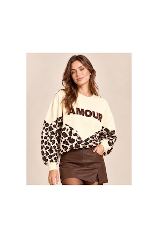 Mamayaga Kadın Bisiklet Yaka Uzun Kendinden Dokulu Baskılı Leoparlı Yazılı Kazak Sweatshirt Bej