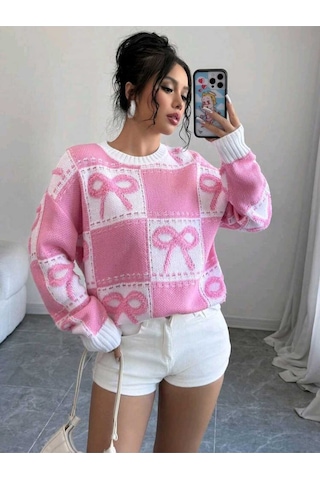 Sayzen Your Shine Kurdele Işlemeli Kareli Oversize Kazak Sy-2502 Pembe