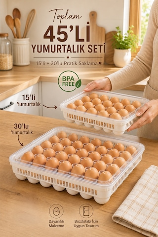 Porsima Peggy 45'li Yumurtalık Seti 15'li + 30'lu Yumurtalık, Buzdolabı Uyumlu Yumurta Saklama Kabı, Bpa İçermez, Kapaklı Yumurta Kutusu Yumurtalık Buzdolabı Organizeri Saklama Kabı Beyaz