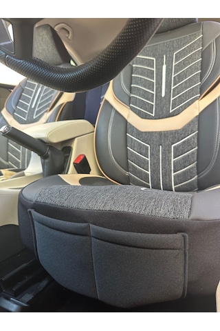 Argalı Ford Courier Araca Uygun Oto Koltuk Kılıfı Üniversal Keten Ve Suni Deri Cepli Oto Koltuk Kılıf Bej