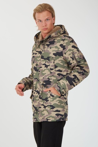 Sposo 1738 Su Itici Kumaş , Kapşonlu Siyahlı Kamuflaj Erkek Kaban Yeşil - Siyah