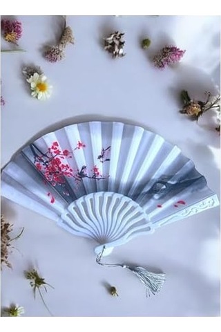 Japon El Yelpazesi, Kiraz Çiçeği Desenli, Beyaz, Püsküllü