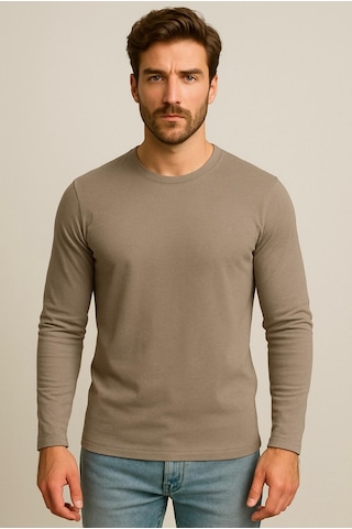 Erkek Toprak Rengi Uzun Kollu T-shirt-d240 Açık Kahverengi