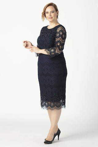 Moda Berray 1293 Dantel Elbise Lacivert Büyük Beden Kısa Abiye Lacivert
