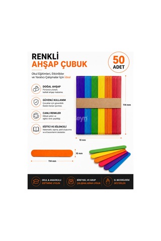 50 Adet Renkli Ahşap Çubuk 114 Mm Okul Öncesi Eğitici Hobi Ve Sanat Etkinlik Çubuğu
