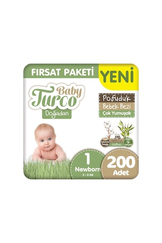 Baby Turco Doğadan 1 Beden Pofuduk Bebek Bezi Fırsat Paketi 50x4 200 Adet 1 Numara
