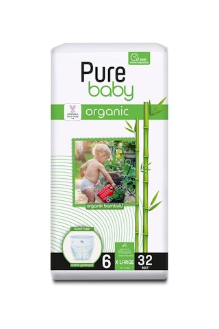 Pure Baby Organik Bambu Özlü Külot Bez Tekli Paket 6 Numara Xlarge 32 Adet